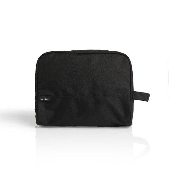A black toiletry bag with a compact design, featuring a handle and a logo.
