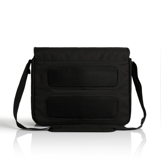 A black recycled messenger bag with two mesh compartments and an adjustable shoulder strap. Features a logo.