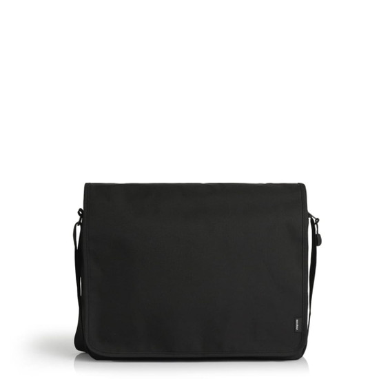 A black recycled messenger bag with a flap closure and an adjustable shoulder strap, featuring a logo.