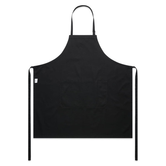 A black canvas apron featuring a front pocket and ties at the waist. It has a logo in the design.