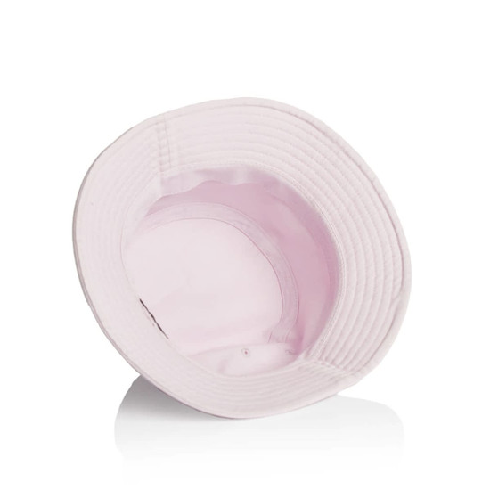 A pink bucket hat with a soft inner lining, featuring a simple design and a slight brim.
