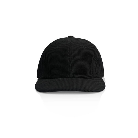 A black corduroy cap with a curved brim, featuring a logo on the front.