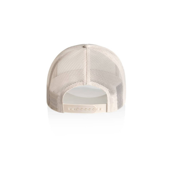 A beige Frame Foam Trucker Cap with a mesh back and an adjustable strap. It features a logo.