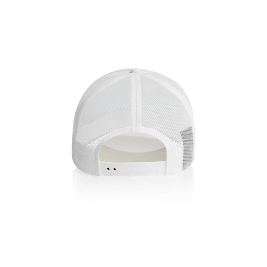 A white foam trucker cap featuring a mesh back and an adjustable strap. It includes a logo on the side.
