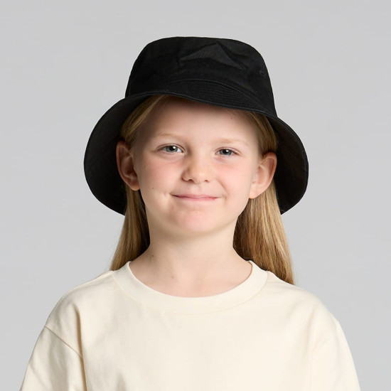 A black kids bucket hat featuring a wide brim and a simple design, suitable for outdoor activities.