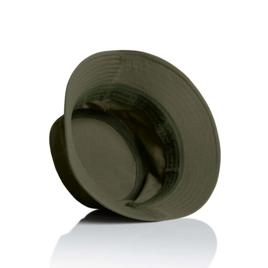 A nylon bucket hat in olive green, featuring a wide brim and an inner lining. It has a logo inside.