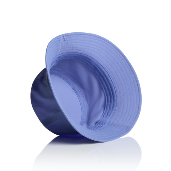 A blue nylon bucket hat with a wide brim, displaying a logo on the side. The interior is smooth and structured.