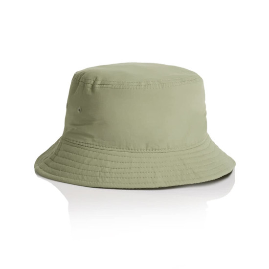 A light green nylon bucket hat with a structured brim and a logo on the side.