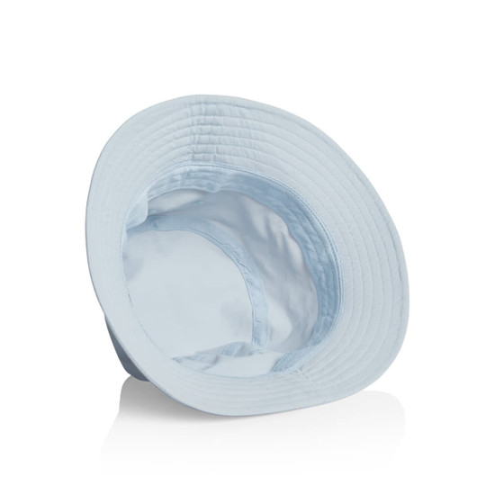 Light blue nylon bucket hat with a wide brim and an interior lining, featuring a logo on the exterior.