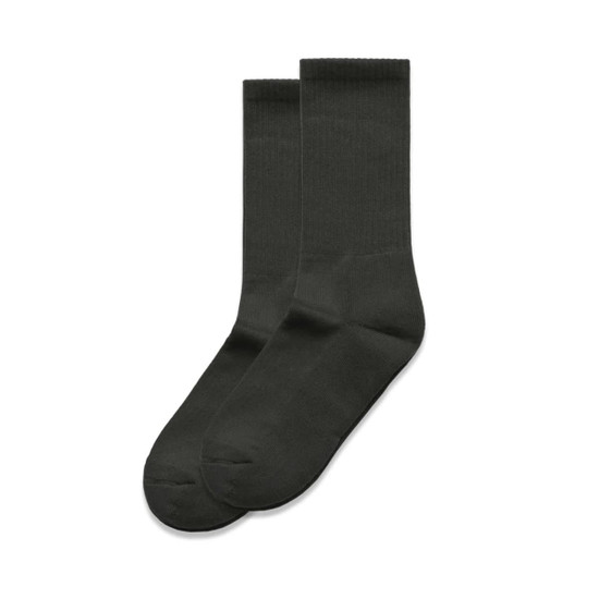 A pair of dark grey socks, featuring a smooth texture and ribbed pattern, presented side by side.