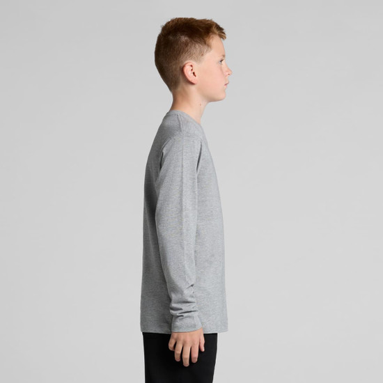 A youth long-sleeve T-shirt in light grey, featuring a subtle logo, displayed from the side.