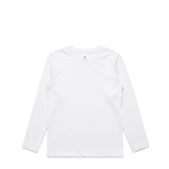 A plain white long-sleeve t-shirt with a simple design and a logo.