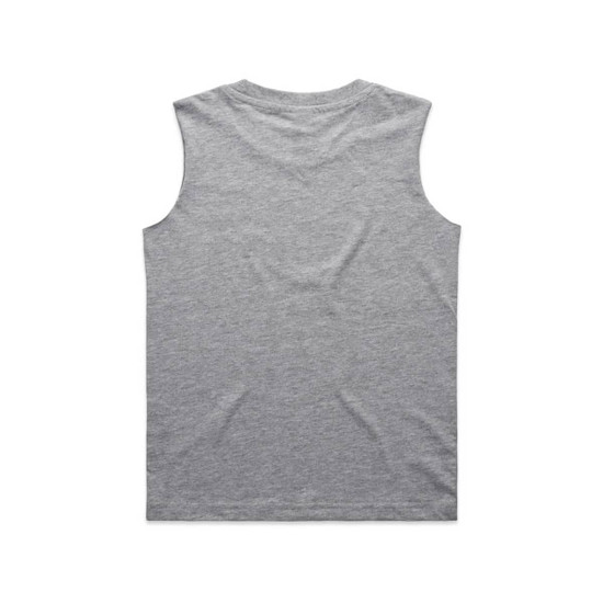 A grey sleeveless tank top with a back view, featuring a simple design and a brand logo.