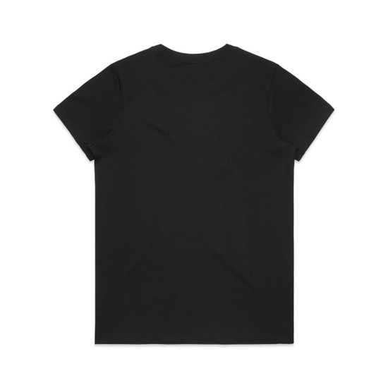 A black, short-sleeved T-shirt with a plain design and a logo on the back.