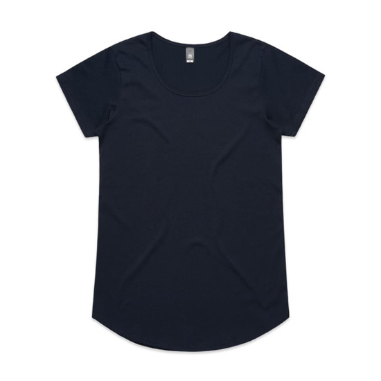 A black women's t-shirt with a round neckline and short sleeves, featuring a logo on the inside label.