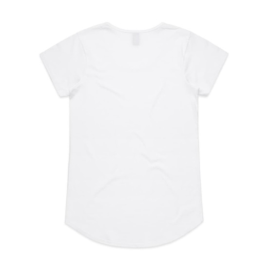 A white short-sleeved t-shirt with a rounded hem and a small logo on the back.