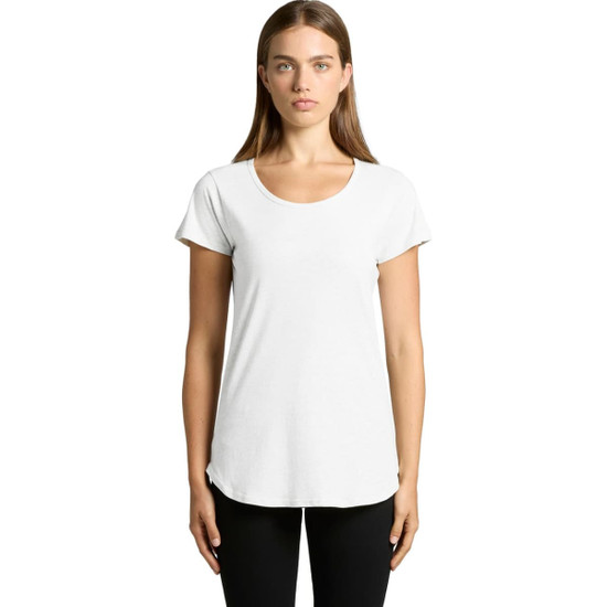 A white T-shirt with short sleeves and a scooped neckline, displayed on a model against a plain background.