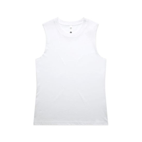 A white tank top with a fitted design, featuring a logo at the neckline.