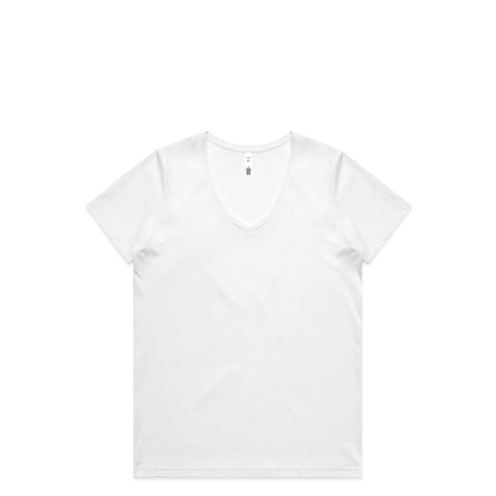 A white V-neck t-shirt with short sleeves and a logo.