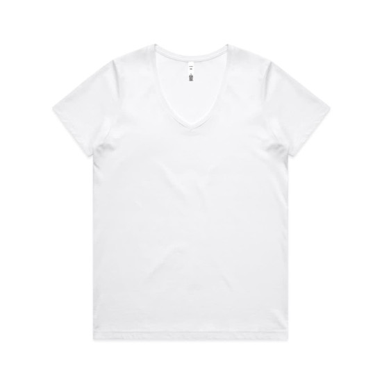A white V-neck T-shirt featuring short sleeves and a tagless neck. The shirt has a logo on the tag.
