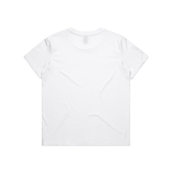 A white T-shirt featuring a plain design, with a logo on the back and short sleeves.