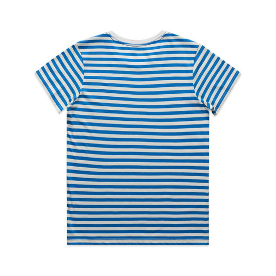 A striped T-shirt featuring blue and white horizontal stripes, with a crew neck and short sleeves.