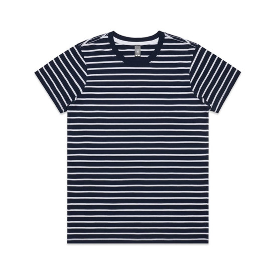 A navy blue and white striped T-shirt with short sleeves and a round neckline, featuring a logo.