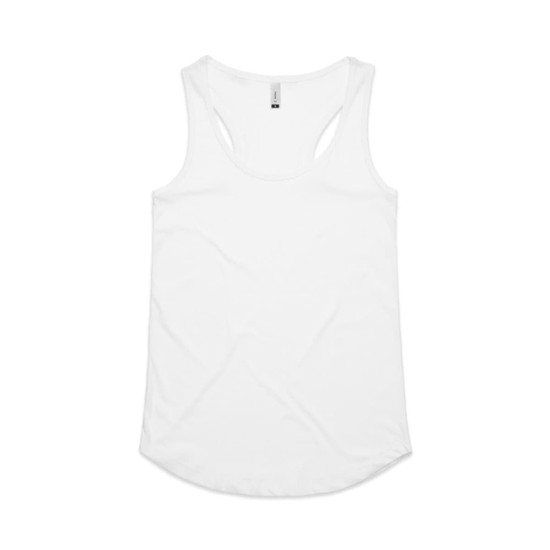 A white racerback singlet featuring a smooth fabric and a rounded hem, with a logo at the neckline.