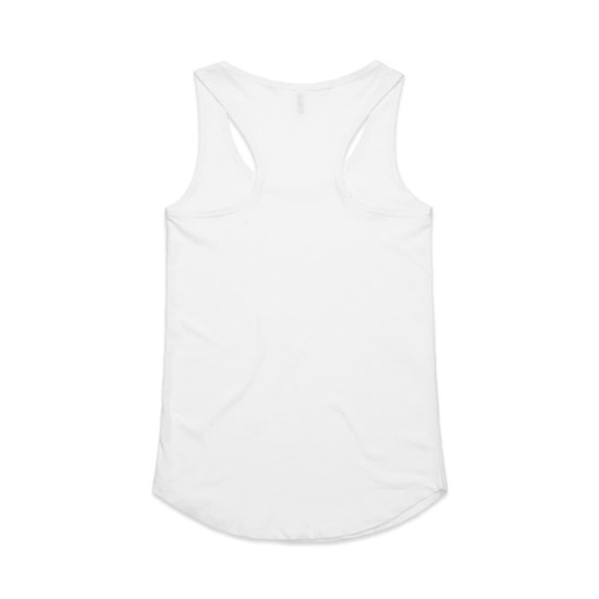 A white racerback singlet featuring a rounded hem and a logo on the back.