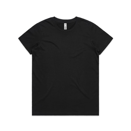 A black t-shirt with a crew neck, featuring a label on the inside. No visible logos or designs.