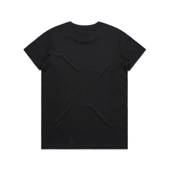 A black t-shirt with a crew neckline and short sleeves, featuring a logo on the back.