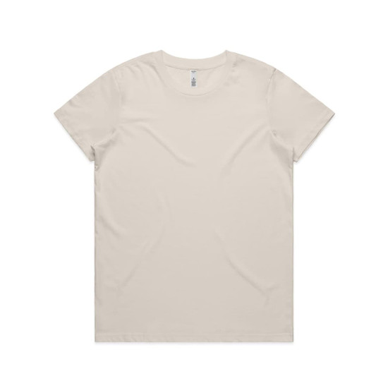 A plain beige t-shirt with a crew neckline and short sleeves, featuring a branding label.