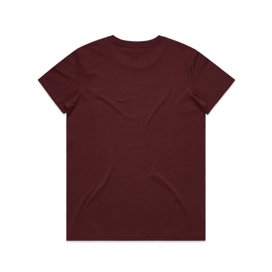 A maroon T-shirt featuring a plain back design and standard fit. Includes a logo on the tag.