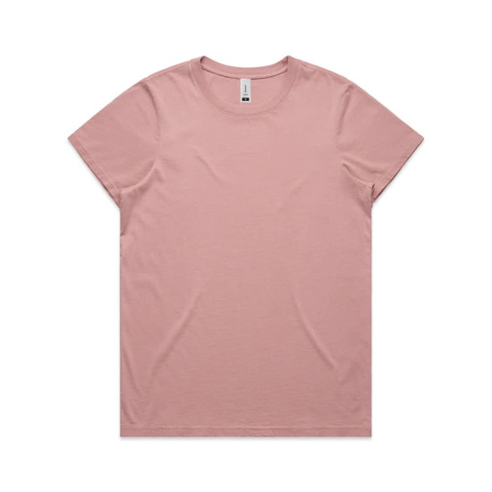 A pink T-shirt with a relaxed fit and a round neckline, featuring a subtle branding logo.