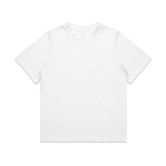 A white heavy t-shirt featuring a simple design and a logo on the side.