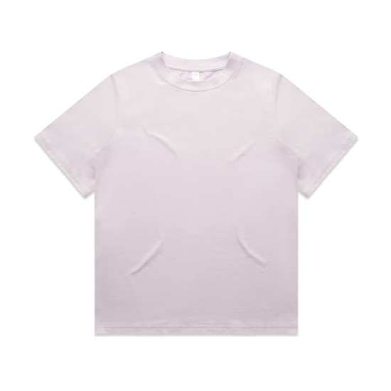 A light purple t-shirt with a relaxed fit. The shirt features a logo on the front.