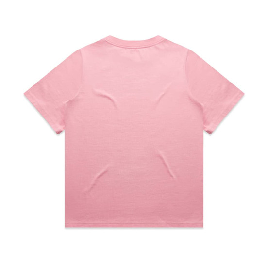 A plain pink T-shirt with a round neck and short sleeves. It features a logo on the back.