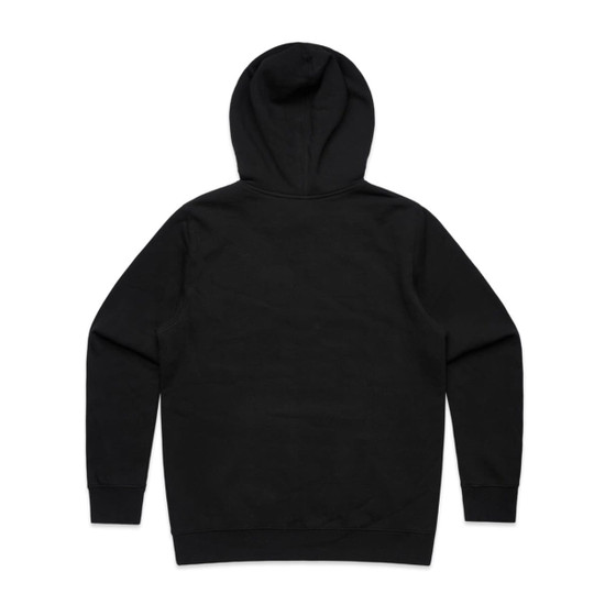 A black hoodie featuring a back view with a hood and long sleeves. It has a logo on the back.