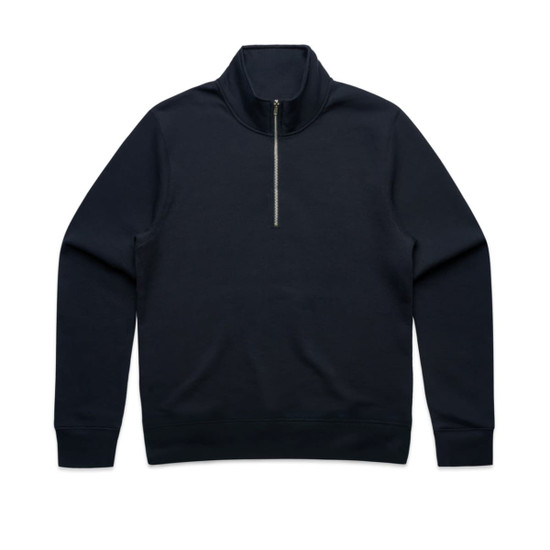 A navy half zip crew jumper featuring a zipper and long sleeves. The item has a plain design with a logo.