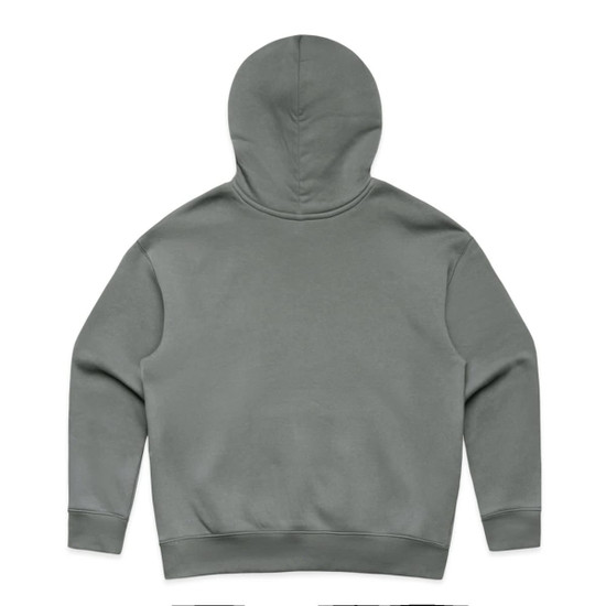 A grey hoodie with a large hood and a plain back, featuring a logo at the neckline.