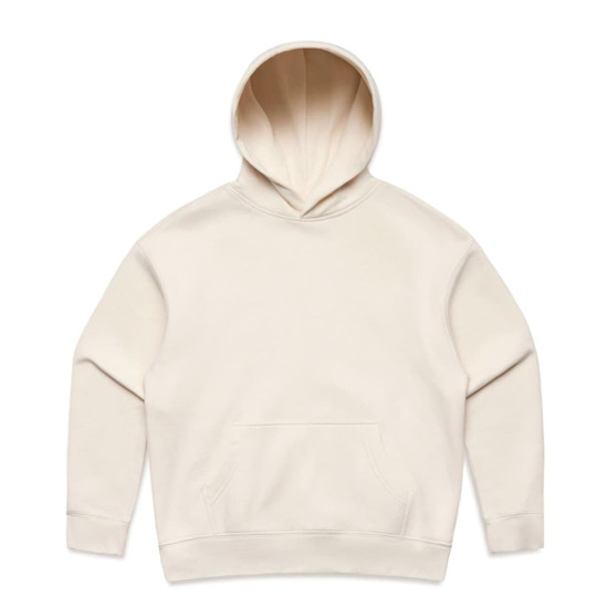 A cream-coloured hoodie featuring a front pocket and a hood. It has a logo on it.