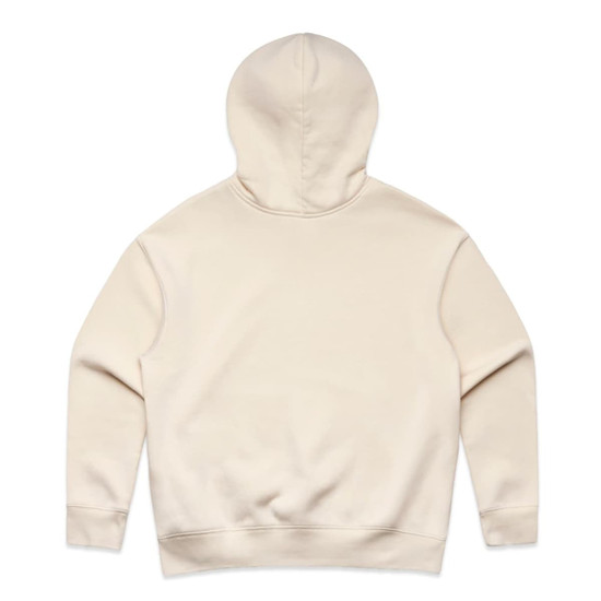 A beige hoodie with a hood, featuring a simple, unadorned back view. It has a logo on the fabric.