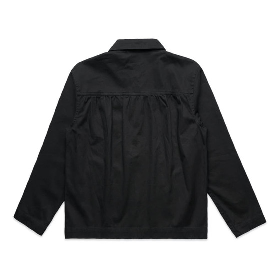 A black chore jacket with a pleated back and a collar, featuring long sleeves and a simple design.