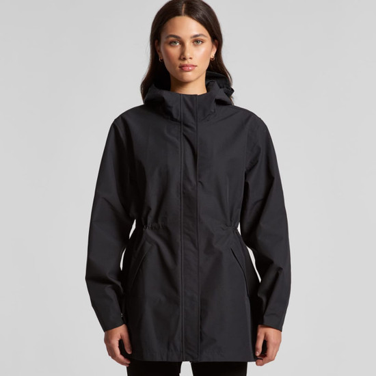 A soft shell jacket in black with a zippered front, adjustable waist, and a hood, featuring a logo.