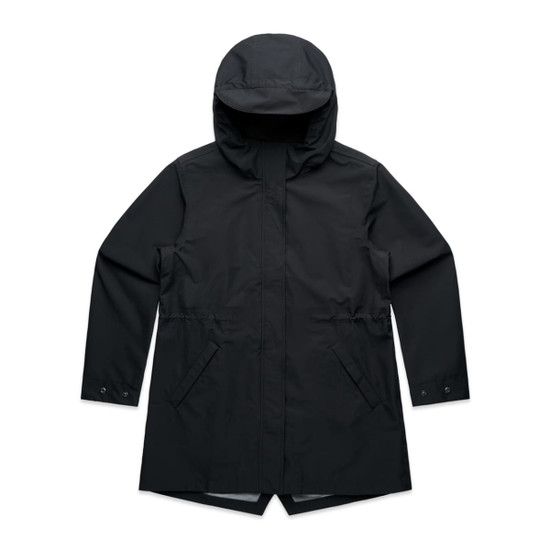A black soft shell jacket with a hood and front pockets, featuring a simple design and a branding logo.
