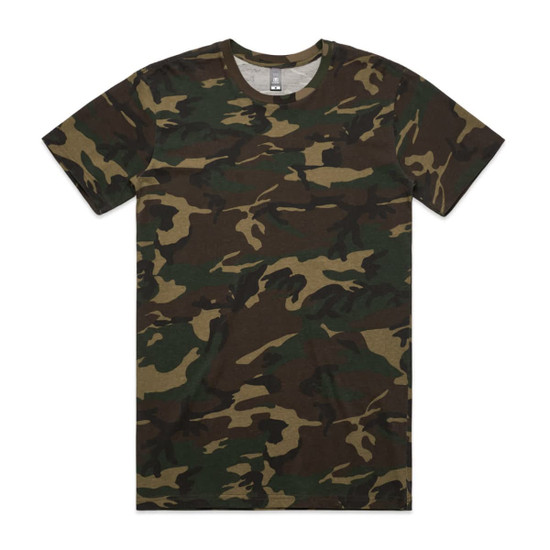 A camouflage patterned T-shirt in shades of green and brown. The shirt features a crew neckline and has a logo.
