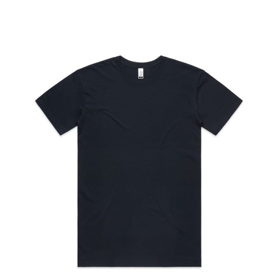 A dark navy organic T-shirt with a simple crew neck design and a label tag, featuring a logo.