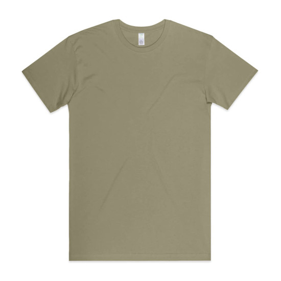 A light olive green t-shirt with a simple design and a branding label at the neck.