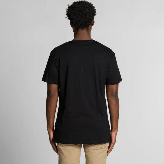 A black V-neck t-shirt viewed from the back, featuring a simple design and an unembellished rear.