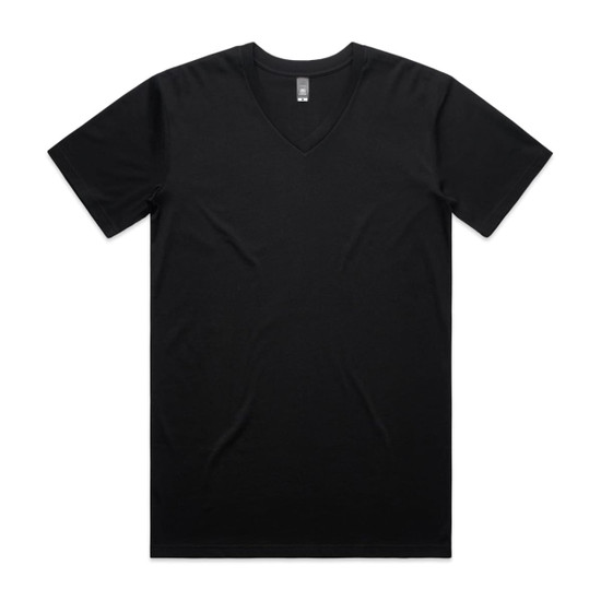 A black V-neck T-shirt with short sleeves and a simple design. It features a logo on the label.